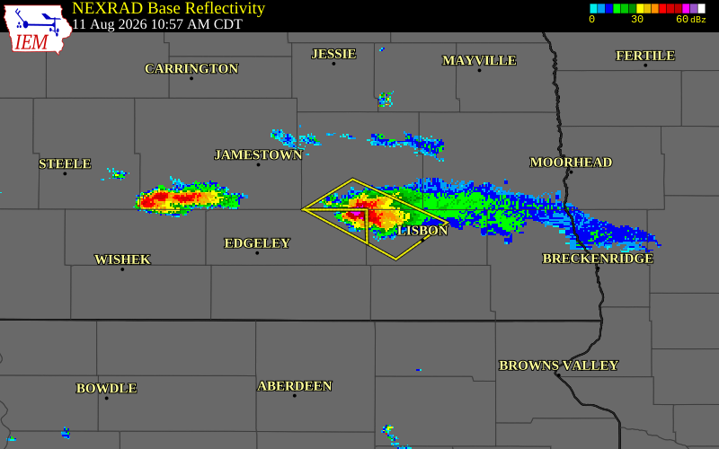 NEXRAD radar during the Tuesday, August 11, 2026 storm activity in LaMoure County, North Dakota