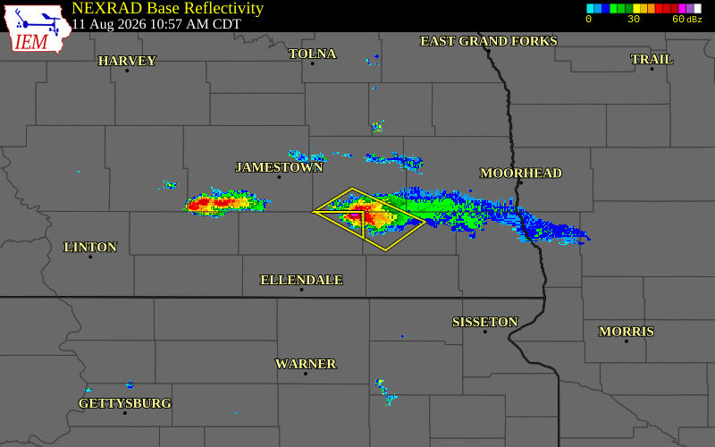 Radar snapshot during the Aug 11, 2026 hail event near 12 N Verona, LaMoure County, North Dakota, with NWS warning polygons