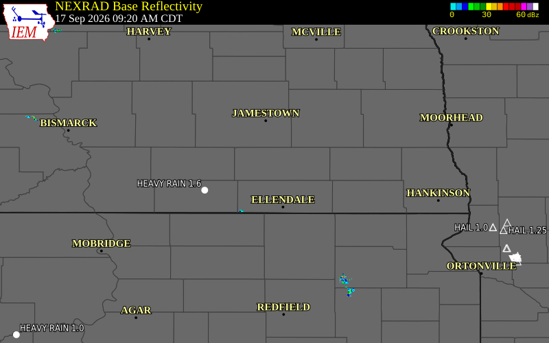 Current NEXRAD radar over LaMoure County, North Dakota with recent storm report locations
