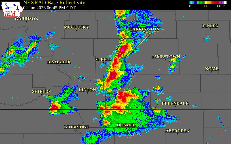 NEXRAD radar during the Tuesday, June 2, 2026 storm activity in Logan County, North Dakota