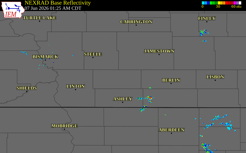 NEXRAD radar during the Sunday, June 7, 2026 storm activity in Logan County, North Dakota