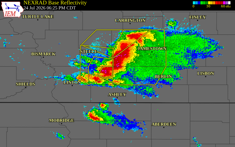 NEXRAD radar during the Friday, July 24, 2026 storm activity in Logan County, North Dakota