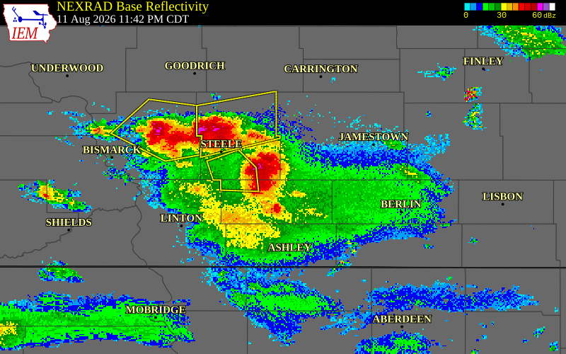 NEXRAD radar during the Tuesday, August 11, 2026 storm activity in Logan County, North Dakota