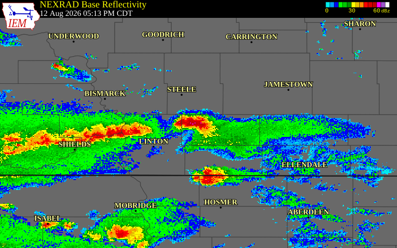 NEXRAD radar during the Wednesday, August 12, 2026 storm activity in Logan County, North Dakota