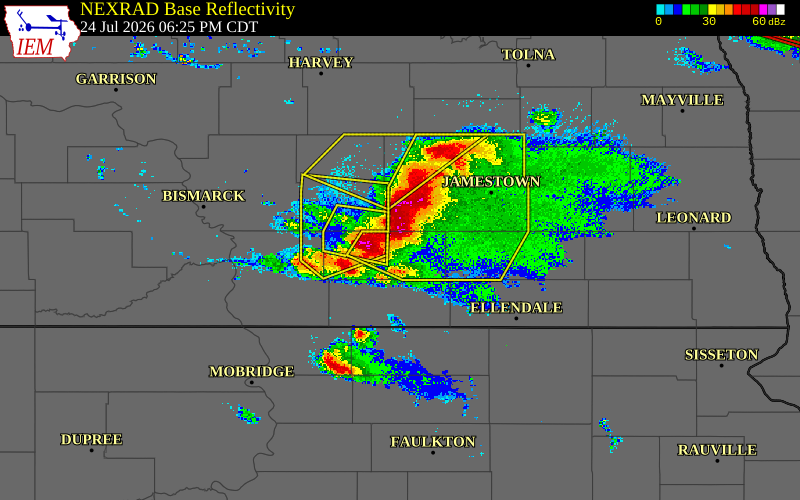 Radar snapshot during the Jul 24, 2026 wind event near 11 S Streeter, Logan County, North Dakota, with NWS warning polygons