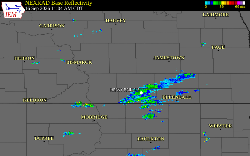 Current NEXRAD radar over Logan County, North Dakota with recent storm report locations