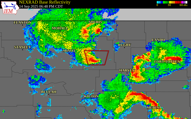 NEXRAD radar during the Sunday, September 14, 2025 storm activity in McHenry County, North Dakota