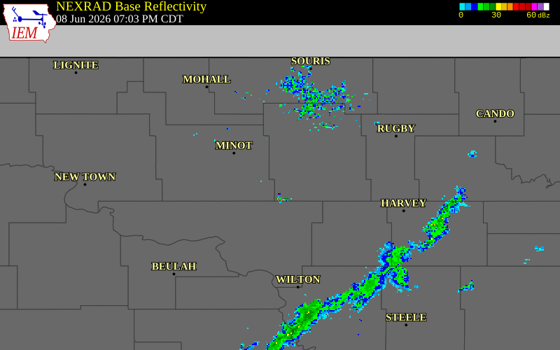 NEXRAD radar during the Monday, June 8, 2026 storm activity in McHenry County, North Dakota