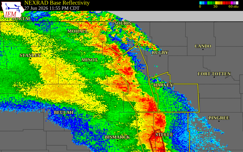 NEXRAD radar during the Saturday, June 27, 2026 storm activity in McHenry County, North Dakota