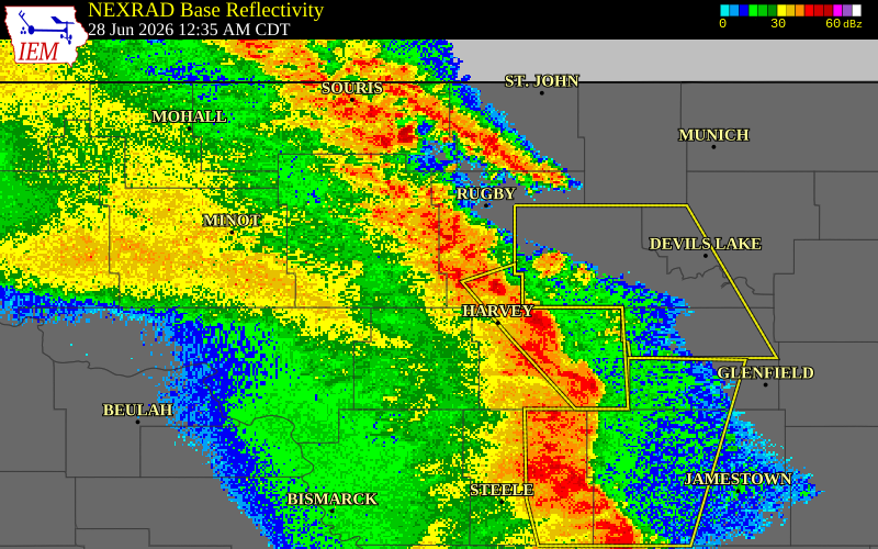 NEXRAD radar during the Sunday, June 28, 2026 storm activity in McHenry County, North Dakota