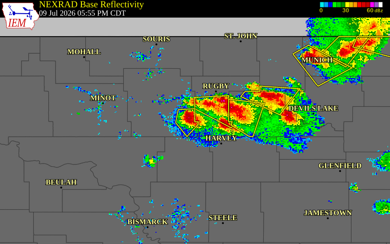NEXRAD radar during the Thursday, July 9, 2026 storm activity in McHenry County, North Dakota