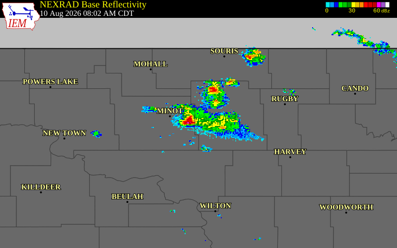 NEXRAD radar during the Monday, August 10, 2026 storm activity in McHenry County, North Dakota