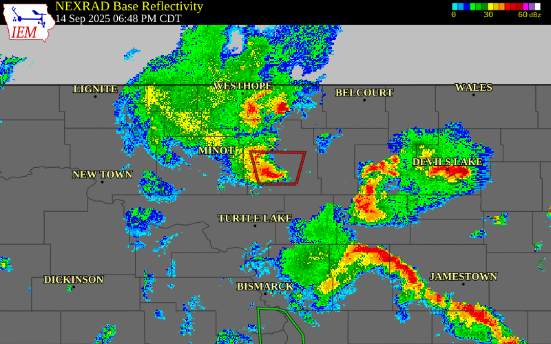 Radar snapshot during the Sep 14, 2025 tornado event near 3 W Karlsruhe, McHenry County, North Dakota, with NWS warning polygons