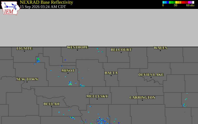 Current NEXRAD radar over McHenry County, North Dakota with recent storm report locations