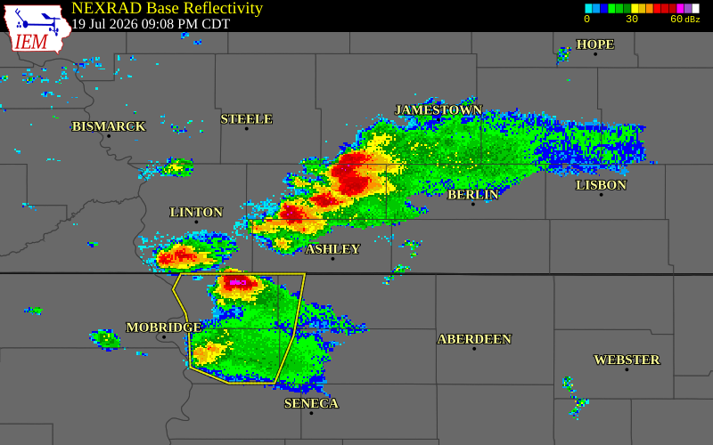 NEXRAD radar during the Sunday, July 19, 2026 storm activity in McIntosh County, North Dakota
