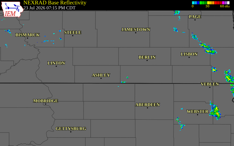 NEXRAD radar during the Thursday, July 23, 2026 storm activity in McIntosh County, North Dakota