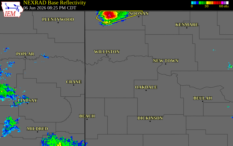 NEXRAD radar during the Saturday, June 6, 2026 storm activity in McKenzie County, North Dakota