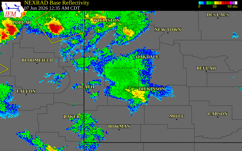 NEXRAD radar during the Sunday, June 7, 2026 storm activity in McKenzie County, North Dakota