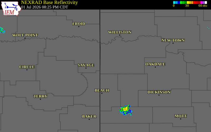 NEXRAD radar during the Wednesday, July 1, 2026 storm activity in McKenzie County, North Dakota