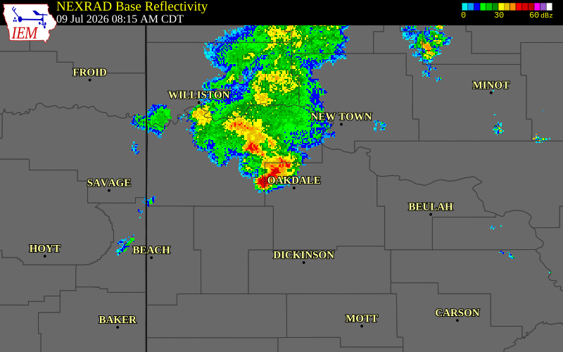 NEXRAD radar during the Thursday, July 9, 2026 storm activity in McKenzie County, North Dakota