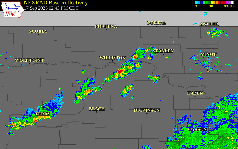Radar snapshot during the Jun 6, 2026 hail event near Arnegard, McKenzie County, North Dakota, with NWS warning polygons