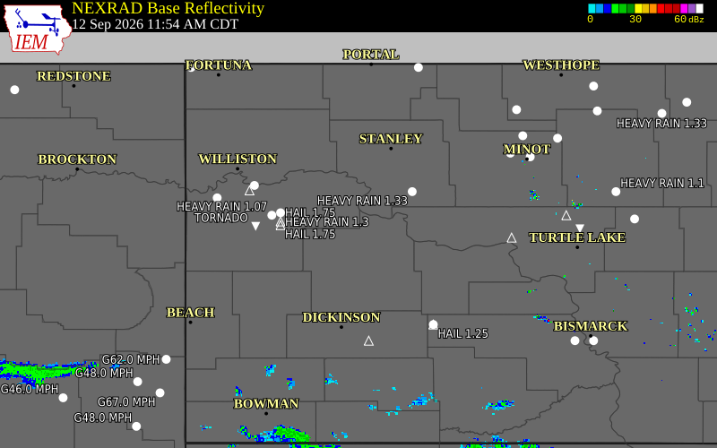 Current NEXRAD radar over McKenzie County, North Dakota with recent storm report locations