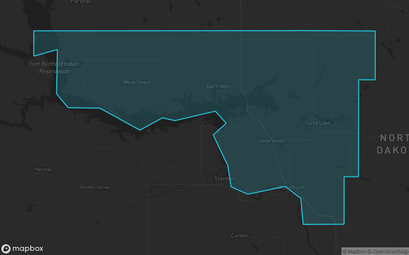 Map of McLean County, North Dakota showing the county boundary and surrounding cities