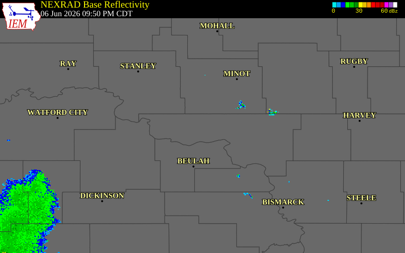NEXRAD radar during the Saturday, June 6, 2026 storm activity in McLean County, North Dakota