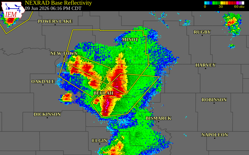 NEXRAD radar during the Tuesday, June 9, 2026 storm activity in McLean County, North Dakota