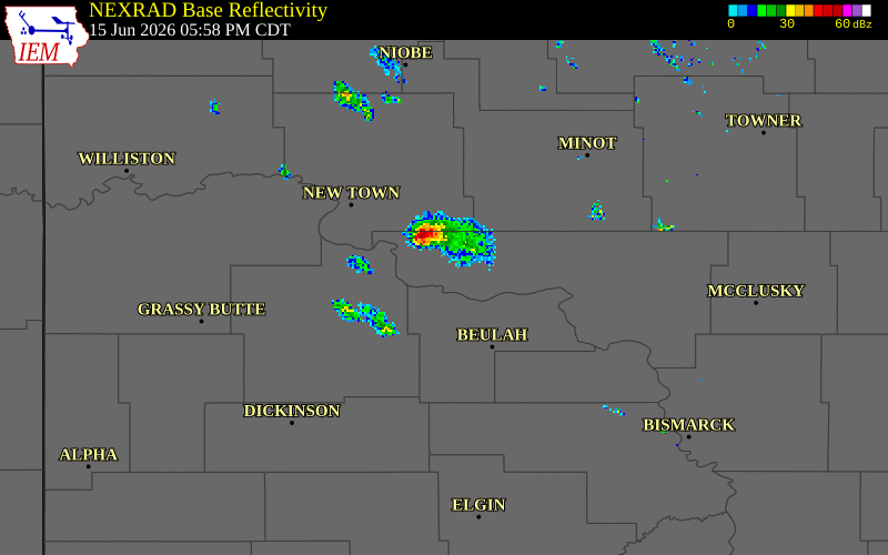 NEXRAD radar during the Monday, June 15, 2026 storm activity in McLean County, North Dakota
