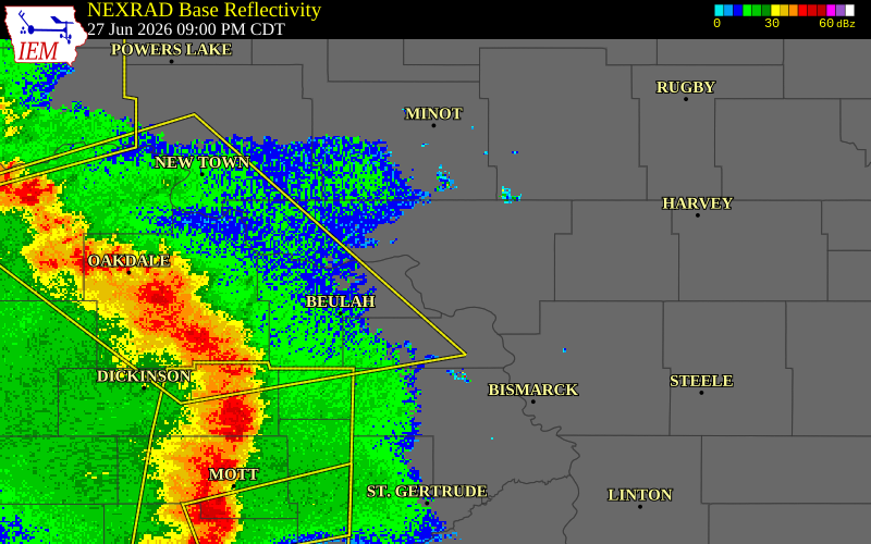 NEXRAD radar during the Saturday, June 27, 2026 storm activity in McLean County, North Dakota