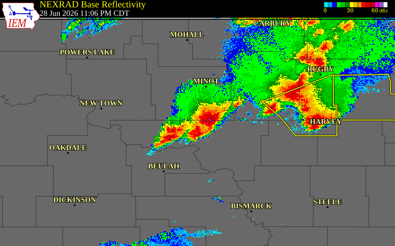 NEXRAD radar during the Sunday, June 28, 2026 storm activity in McLean County, North Dakota