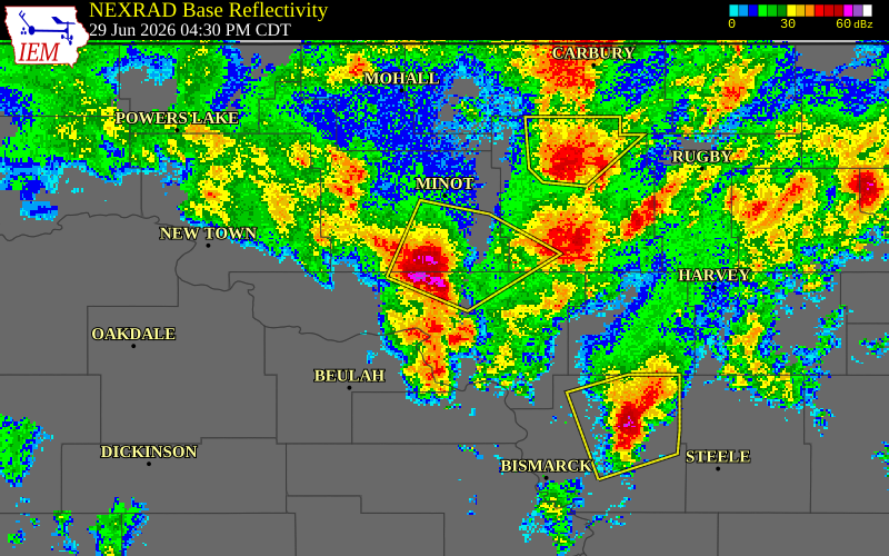 NEXRAD radar during the Monday, June 29, 2026 storm activity in McLean County, North Dakota