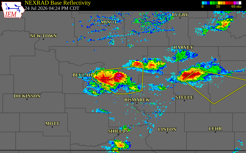NEXRAD radar during the Friday, July 24, 2026 storm activity in McLean County, North Dakota