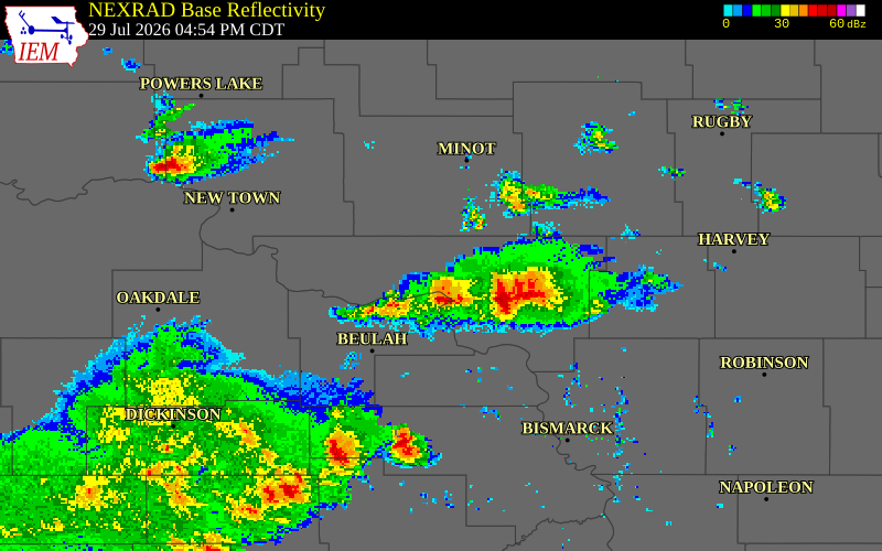 NEXRAD radar during the Wednesday, July 29, 2026 storm activity in McLean County, North Dakota