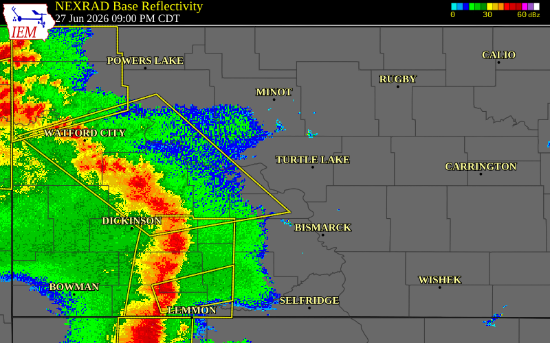 Radar snapshot during the Jun 27, 2026 tornado event near 4 ESE Riverdale, McLean County, North Dakota, with NWS warning polygons