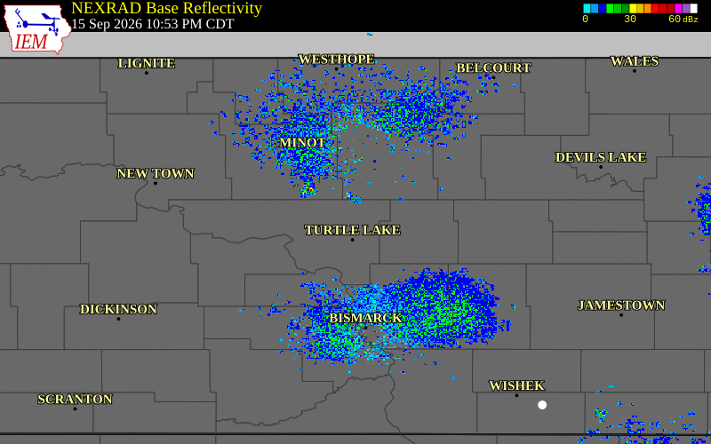 Current NEXRAD radar over McLean County, North Dakota with recent storm report locations