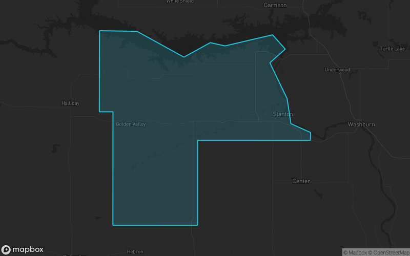 Map of Mercer County, North Dakota showing the county boundary and surrounding cities