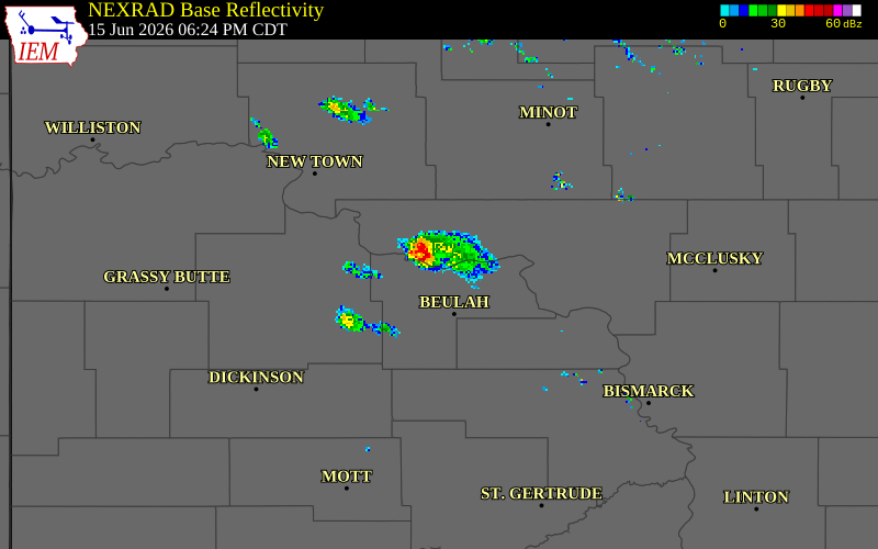 NEXRAD radar during the Monday, June 15, 2026 storm activity in Mercer County, North Dakota