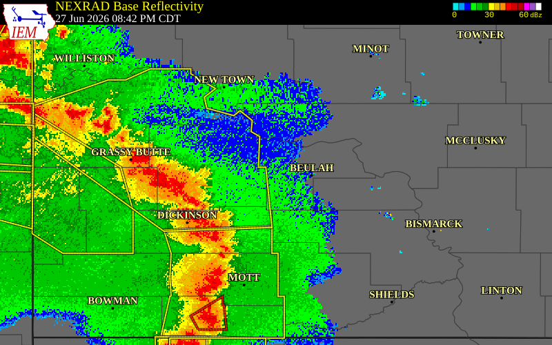 NEXRAD radar during the Saturday, June 27, 2026 storm activity in Mercer County, North Dakota