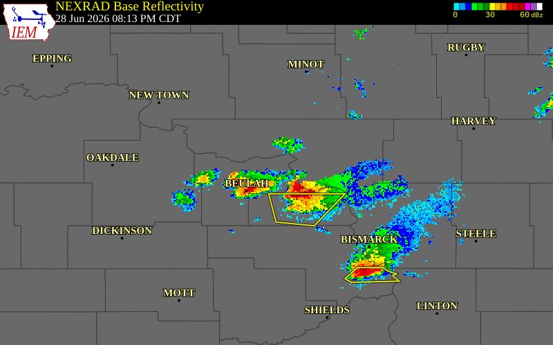 NEXRAD radar during the Sunday, June 28, 2026 storm activity in Mercer County, North Dakota