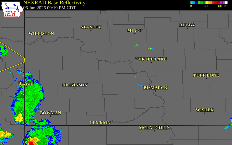 Radar snapshot during the Jun 6, 2026 wind event near 1 N Beulah, Mercer County, North Dakota, with NWS warning polygons