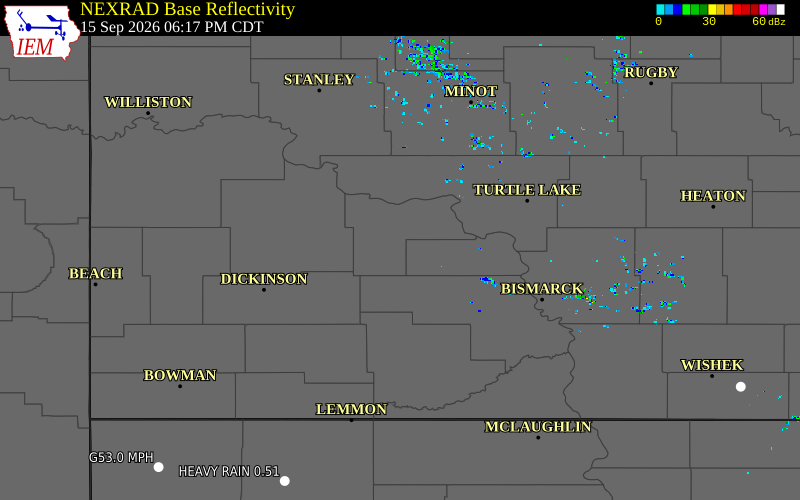 Current NEXRAD radar over Mercer County, North Dakota with recent storm report locations