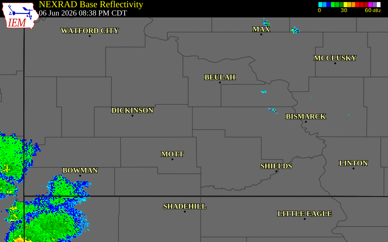 NEXRAD radar during the Saturday, June 6, 2026 storm activity in Morton County, North Dakota