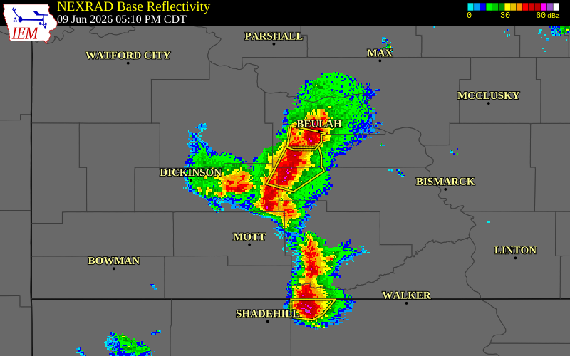 NEXRAD radar during the Tuesday, June 9, 2026 storm activity in Morton County, North Dakota