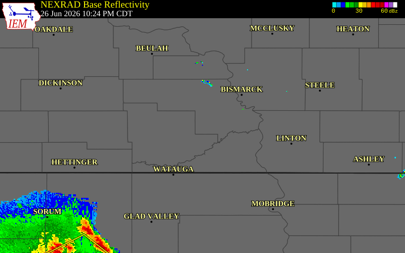 NEXRAD radar during the Friday, June 26, 2026 storm activity in Morton County, North Dakota