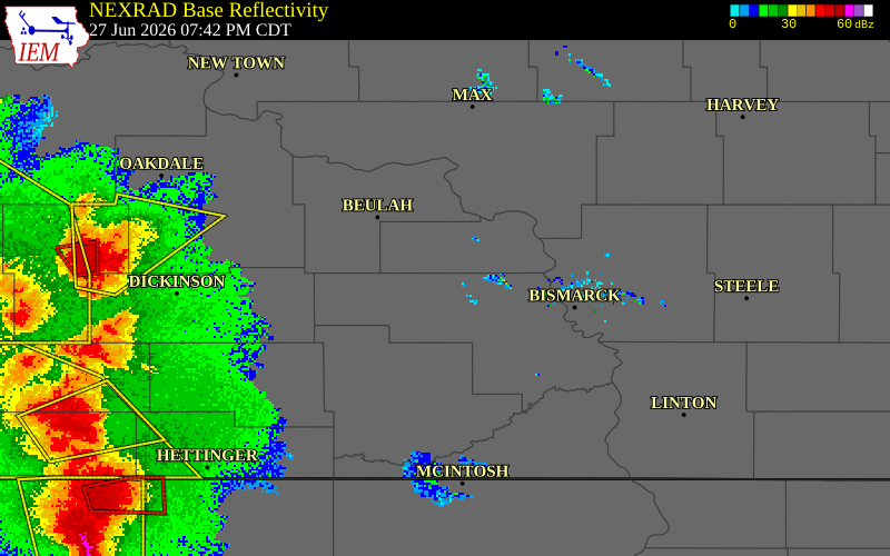 NEXRAD radar during the Saturday, June 27, 2026 storm activity in Morton County, North Dakota