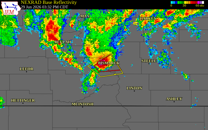 NEXRAD radar during the Monday, June 29, 2026 storm activity in Morton County, North Dakota
