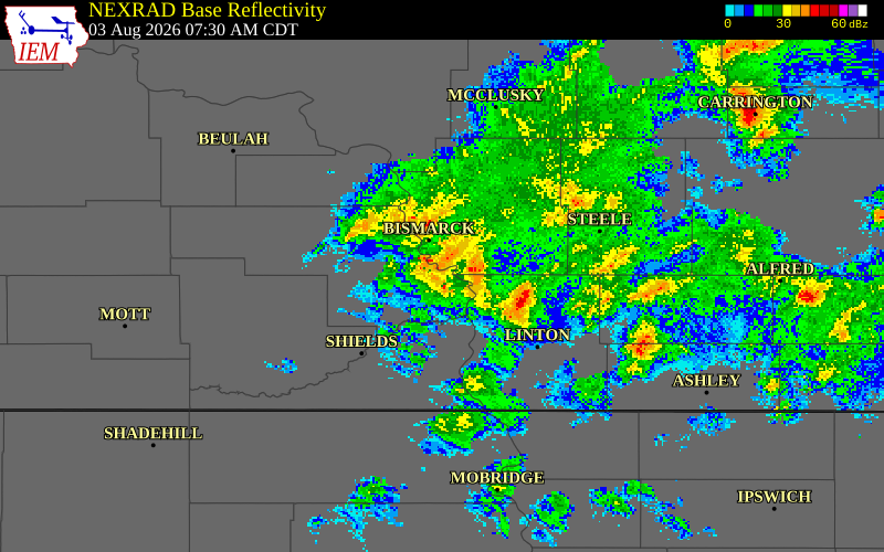 NEXRAD radar during the Monday, August 3, 2026 storm activity in Morton County, North Dakota