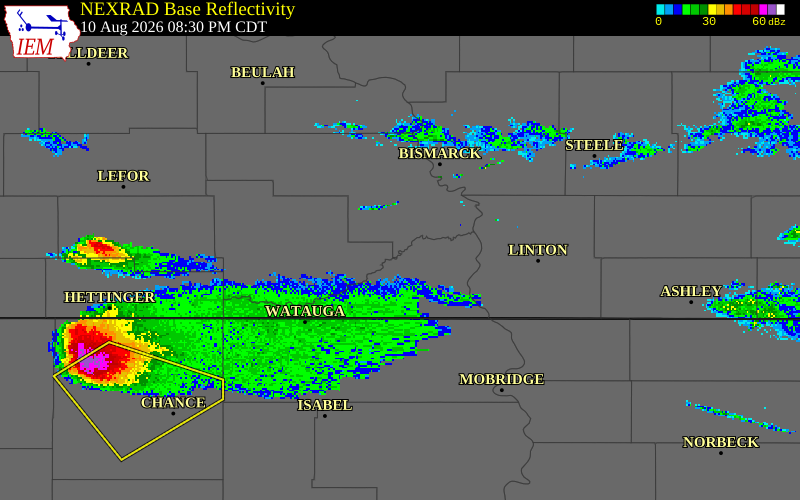 NEXRAD radar during the Monday, August 10, 2026 storm activity in Morton County, North Dakota